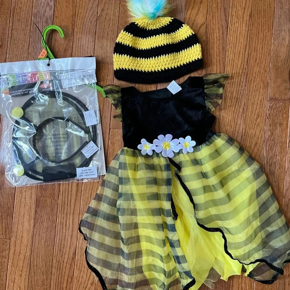 Halloween BEE Dress Costume Toddler Yellow Black Floral Striped Hat Beanie T3/T4 - Picture 7 of 16